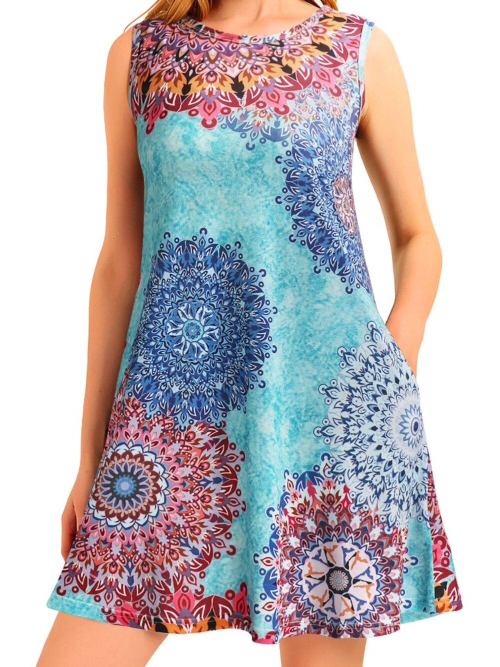 NWT SimpleFun Sleeveless Mandala Print Teal and Coral A-Line Dress